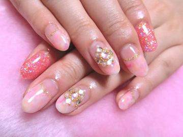 ジェルネイル★ふんわりタイダイ柄フレンチ・キラキラ 