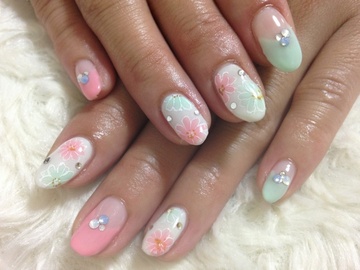 ジェルネイル★グリーン＆ピンク・ふんわりフラットお花