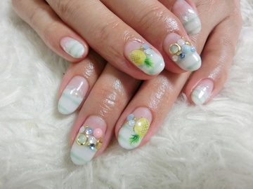 ジェルネイルペイントパイナップル・ボーダーフレンチ