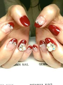 ボルドー＆ビジューネイル